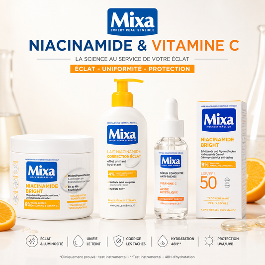 Gamme Mixa Niacinamide & Vitamine C – Éclat Anti-Taches