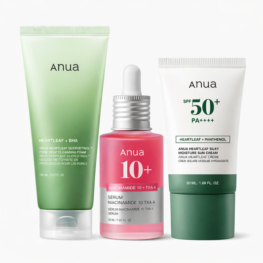 Gamme Anua Routine Complète – Nettoyant + Sérum + Crème Solaire SPF 50+